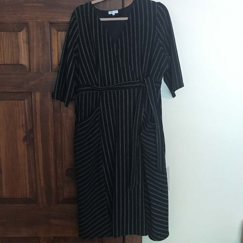 Black & white stripe wrap front dress with pockets